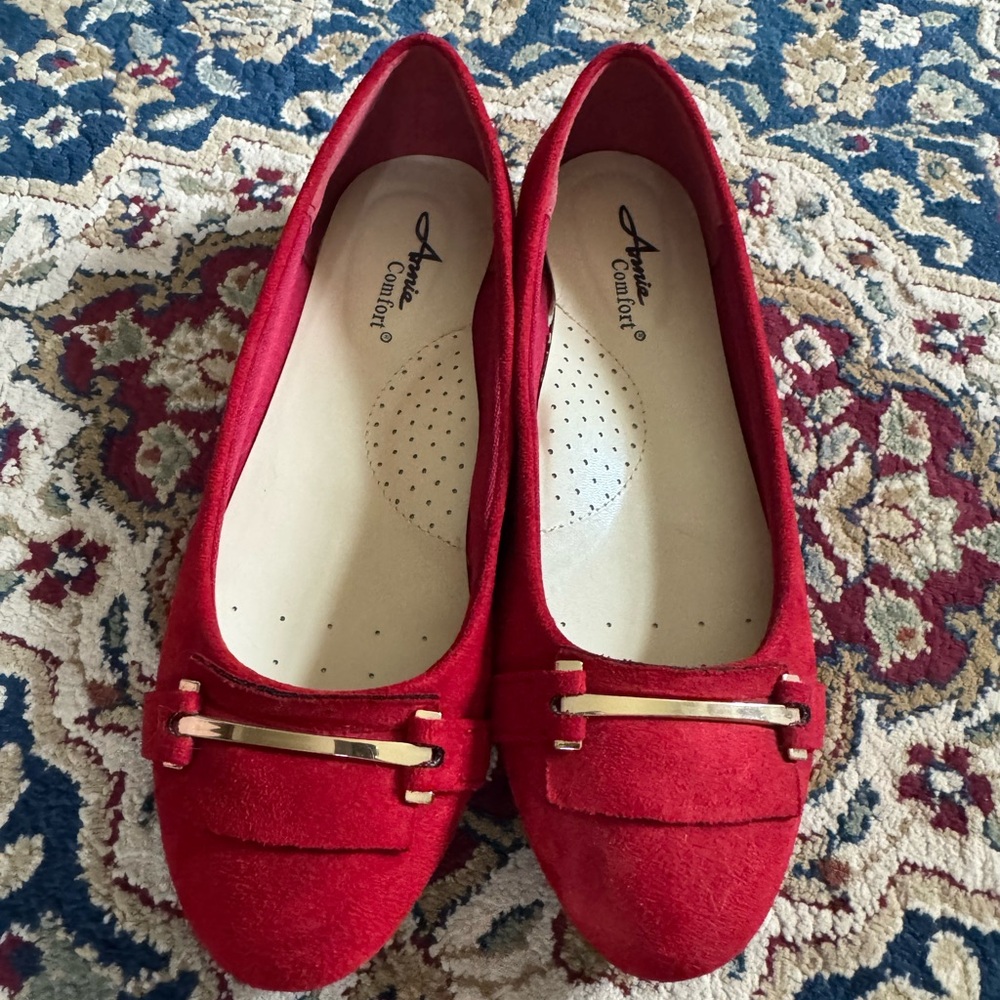 Red Suede Ballet Flats with Bow Detail